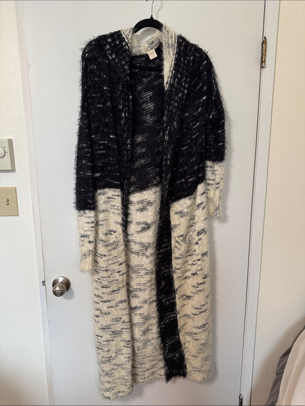 Sun & Shadow Black and Cream Long Open Fuzzy Cardigan
